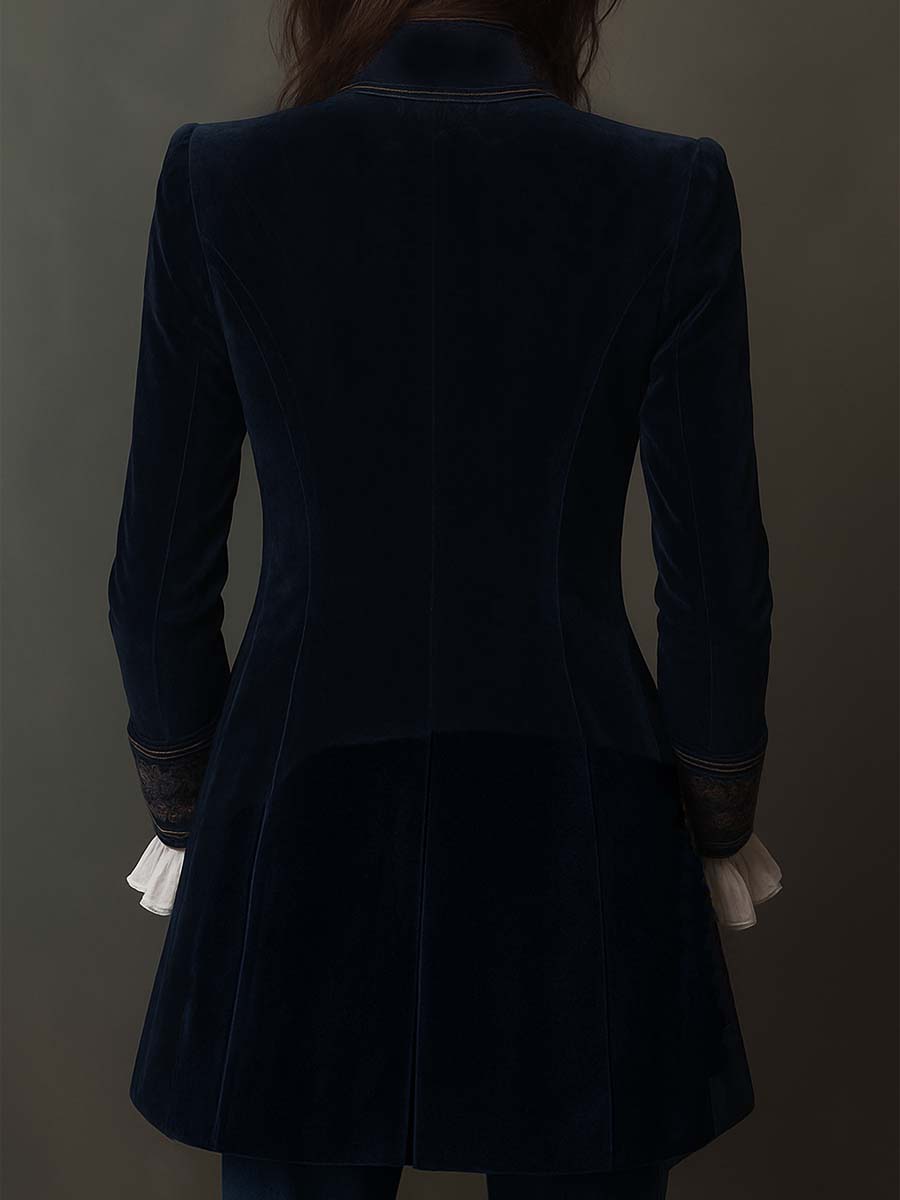Athalie | Veste Longue Brodée Bleu Marine Vintage