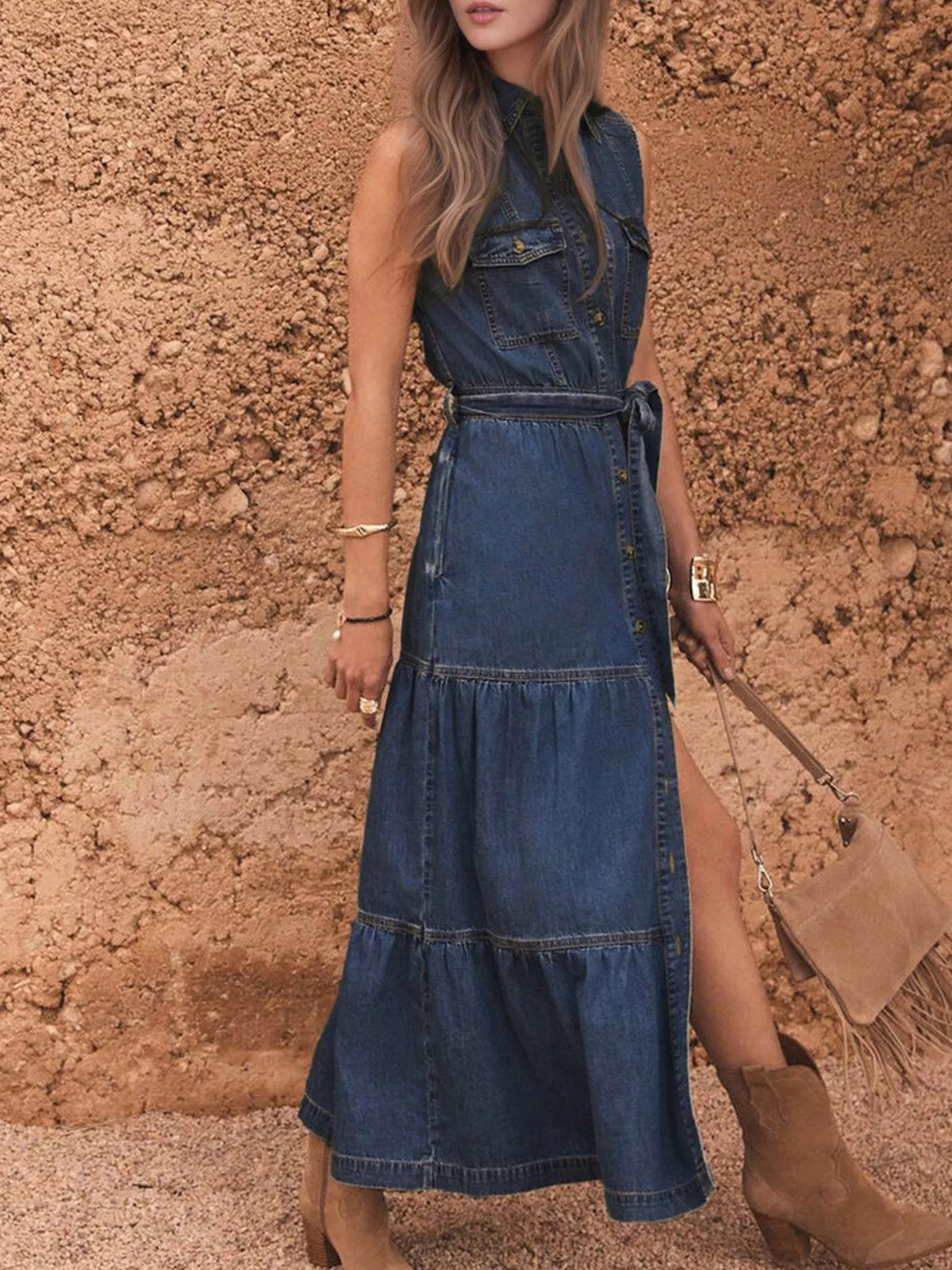 Robe Lilas en Jean à Boutons Devant