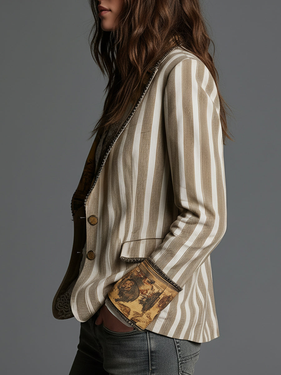 Suzeline | Blazer Bohème Rayé à Col Imprimé