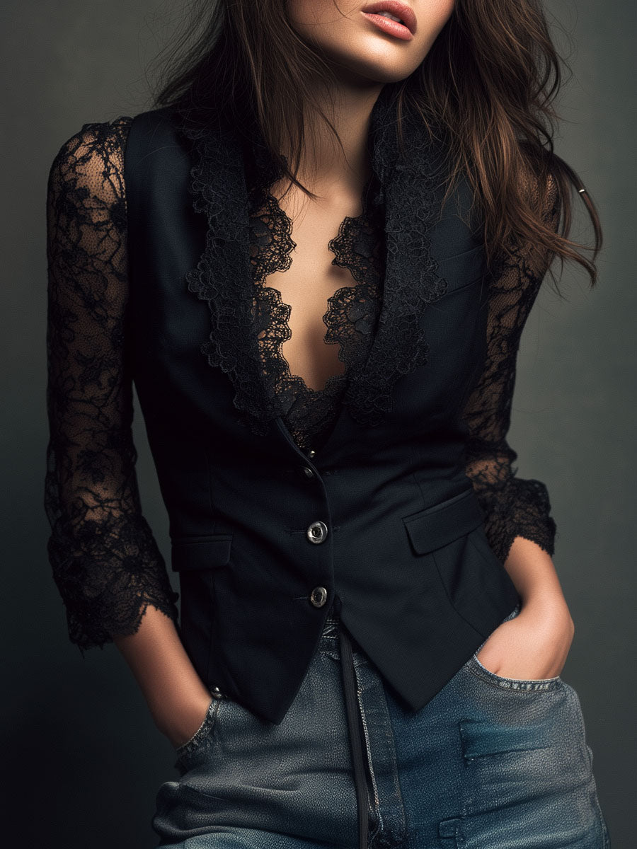 Naoline | Haut Blazer Noir à Manches Semi-Transparentes
