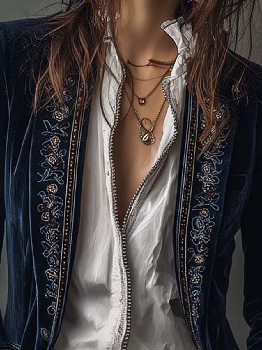 Athalie | Veste Longue Brodée Bleu Marine Vintage