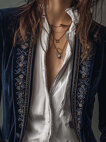 Athalie | Veste Longue Brodée Bleu Marine Vintage