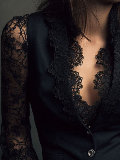 Naoline | Haut Blazer Noir à Manches Semi-Transparentes