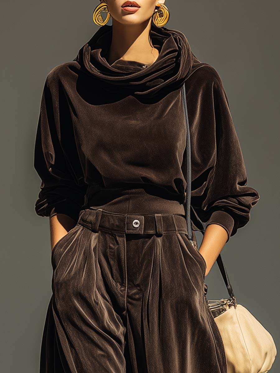 Fauvette | Ensemble Sweat à Capuche en Velours Marron Vintage et Pantalon Ample, Ceinture Incluse