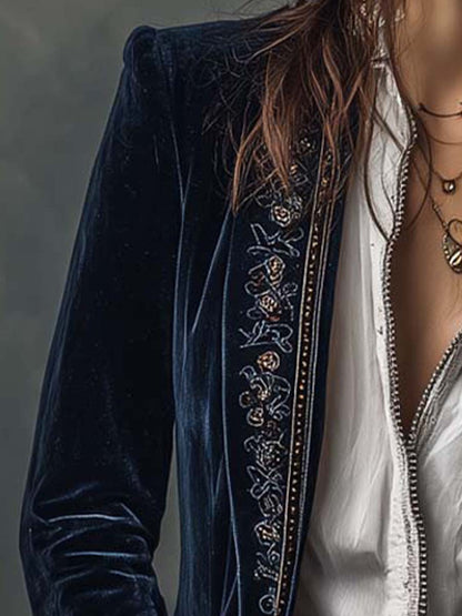 Athalie | Veste Longue Brodée Bleu Marine Vintage