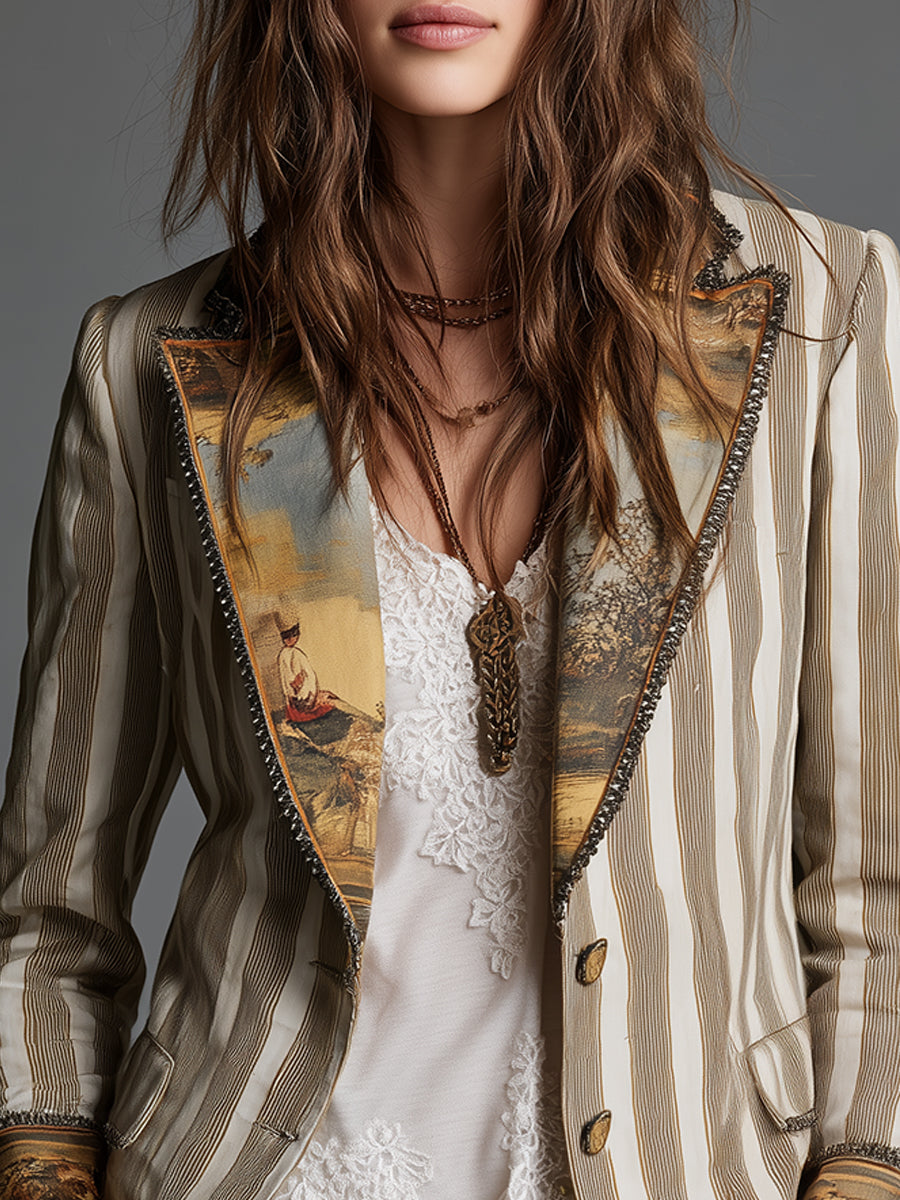 Suzeline | Blazer Bohème Rayé à Col Imprimé