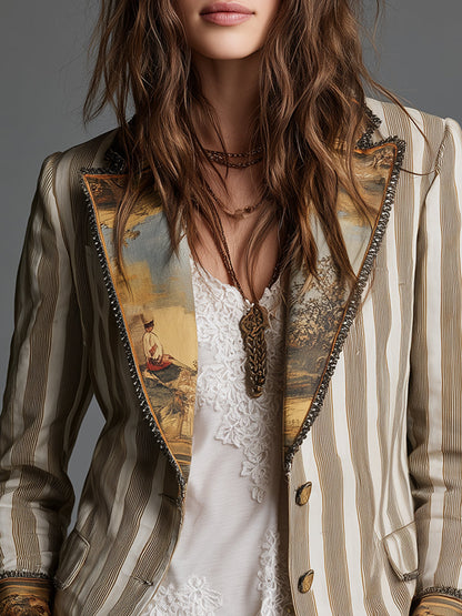 Suzeline | Blazer Bohème Rayé à Col Imprimé