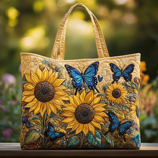 Sac Tote Matelassé – Tournesols et Papillons Bleus