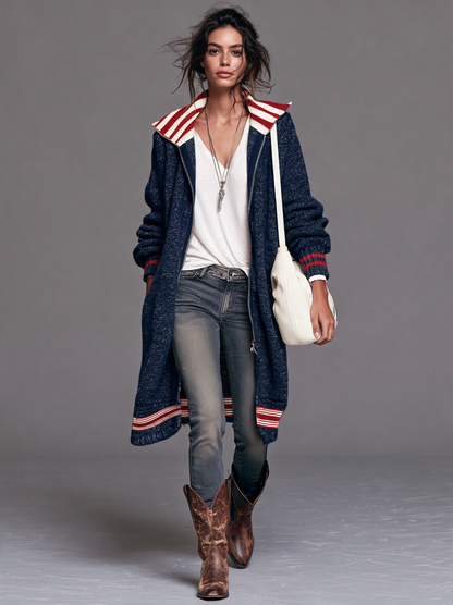 Cardigan Zippé Mi-Long Vintage à Rayures et Blocs de Couleurs – Bleu Marine