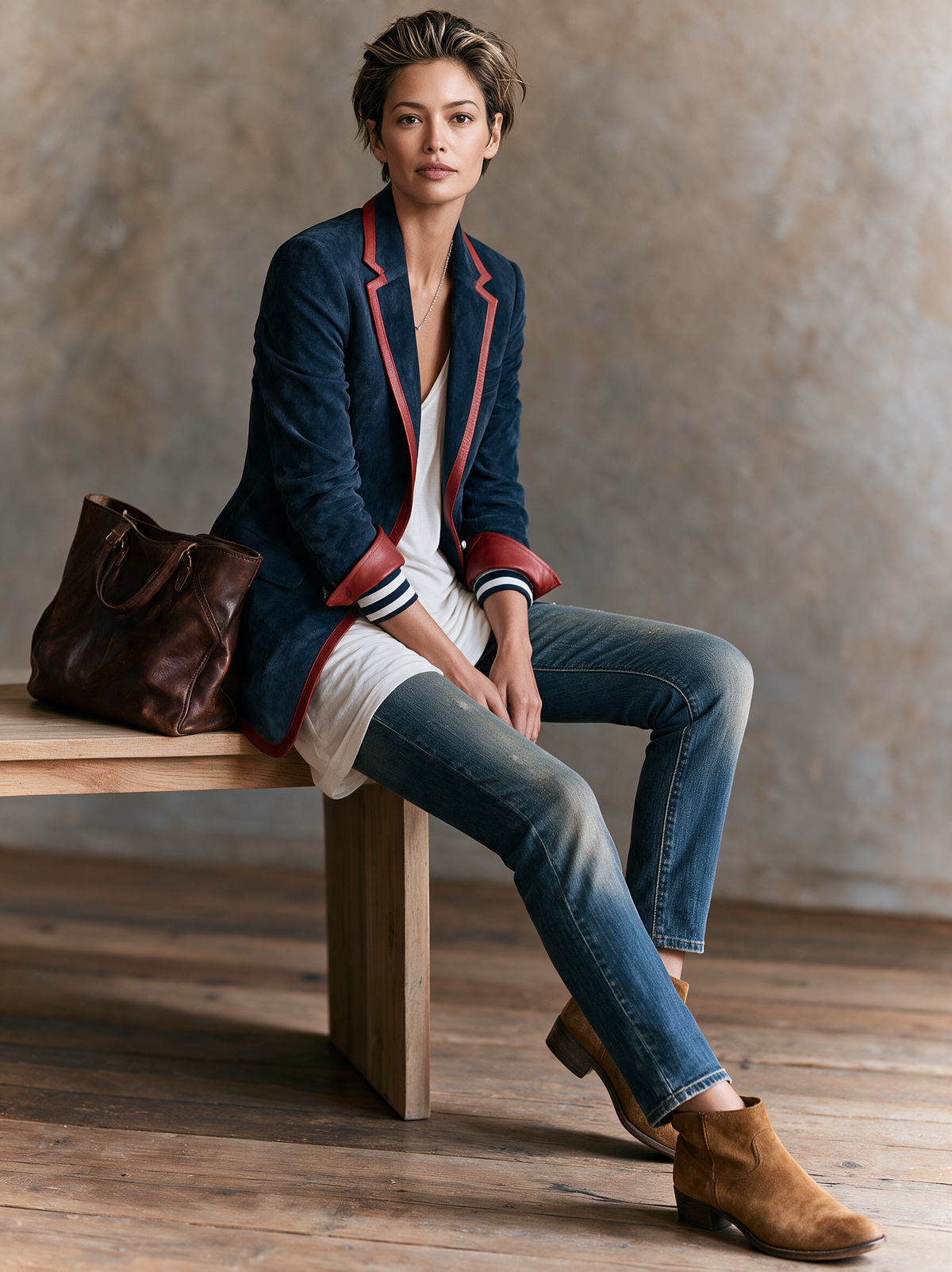 Blazer d'Inspiration Vintage en Suédine à Bordures en Similicuir Rouge – Marron