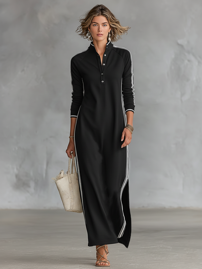 Robe Longue Sweat Minimaliste à Col Boutonné et Liserés Blancs – Kaki