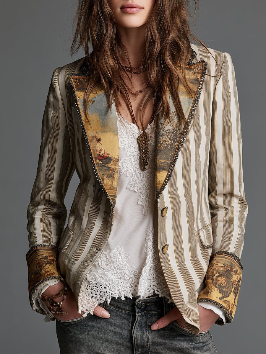 Suzeline | Blazer Bohème Rayé à Col Imprimé