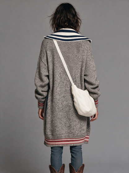 Cardigan Zippé Mi-Long Vintage à Rayures et Blocs de Couleurs – Bleu Marine