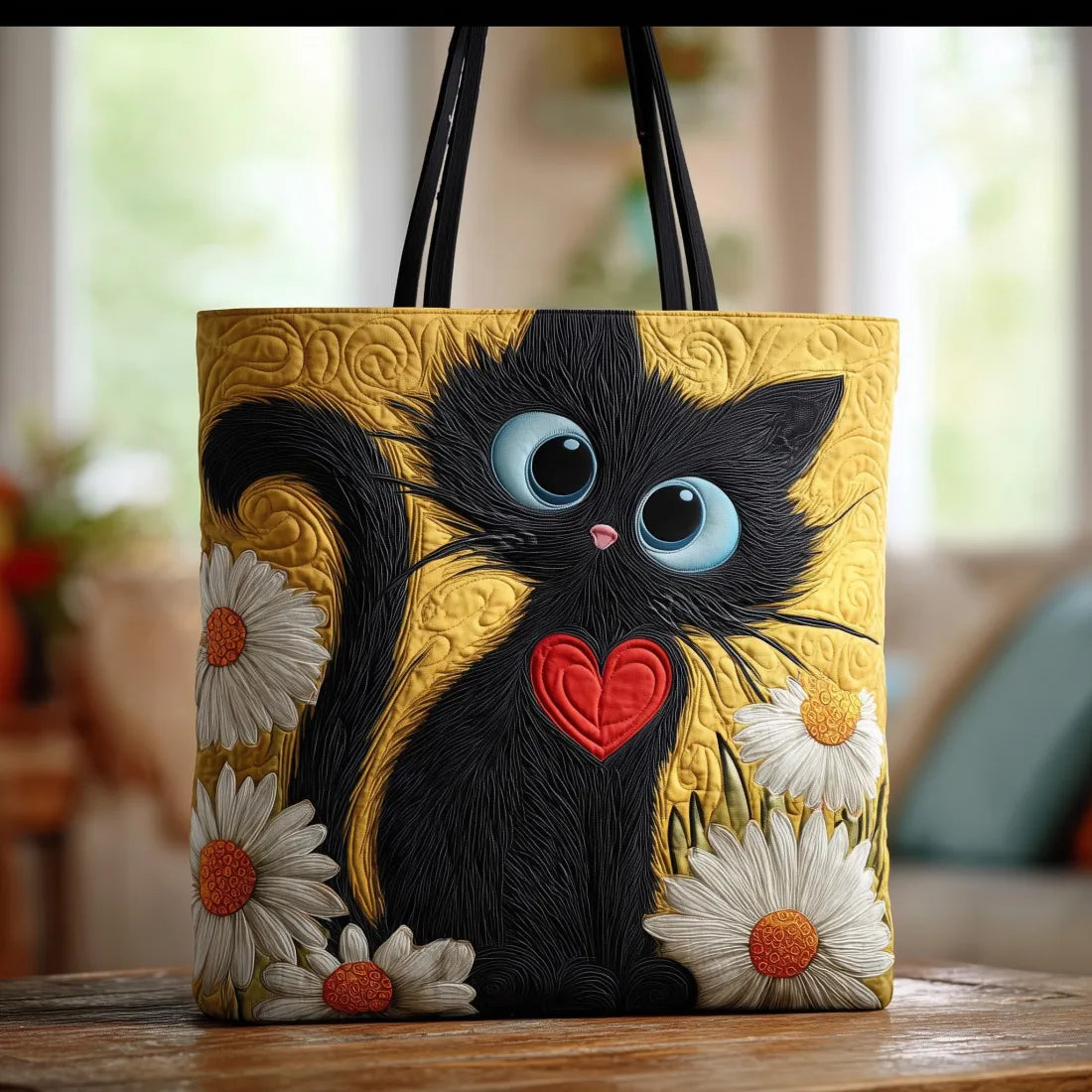Sac Tote Matelassé – Chat Noir aux Marguerites