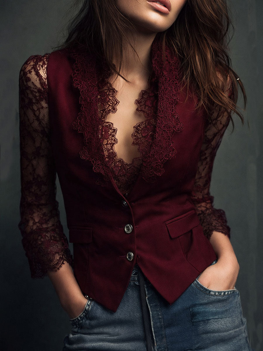 Naoline | Haut Blazer Noir à Manches Semi-Transparentes