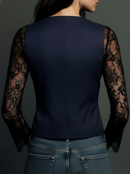 Naoline | Haut Blazer Noir à Manches Semi-Transparentes