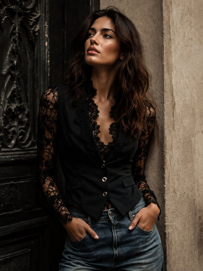 Naoline | Haut Blazer Noir à Manches Semi-Transparentes
