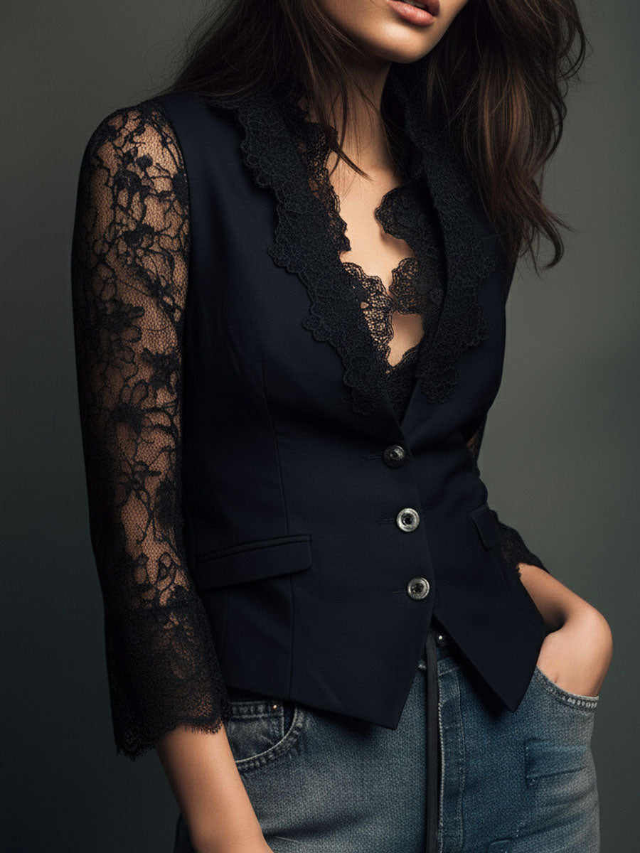 Naoline | Haut Blazer Noir à Manches Semi-Transparentes