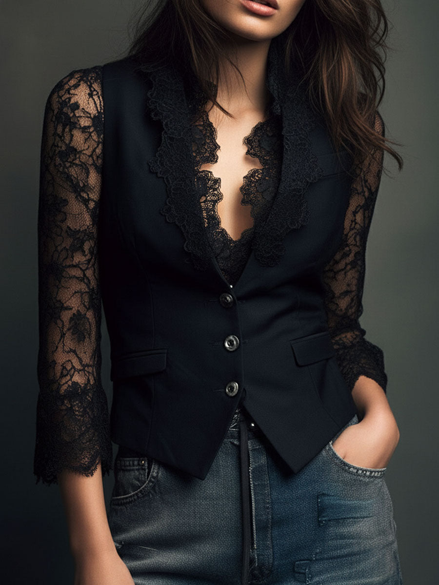 Naoline | Haut Blazer Noir à Manches Semi-Transparentes