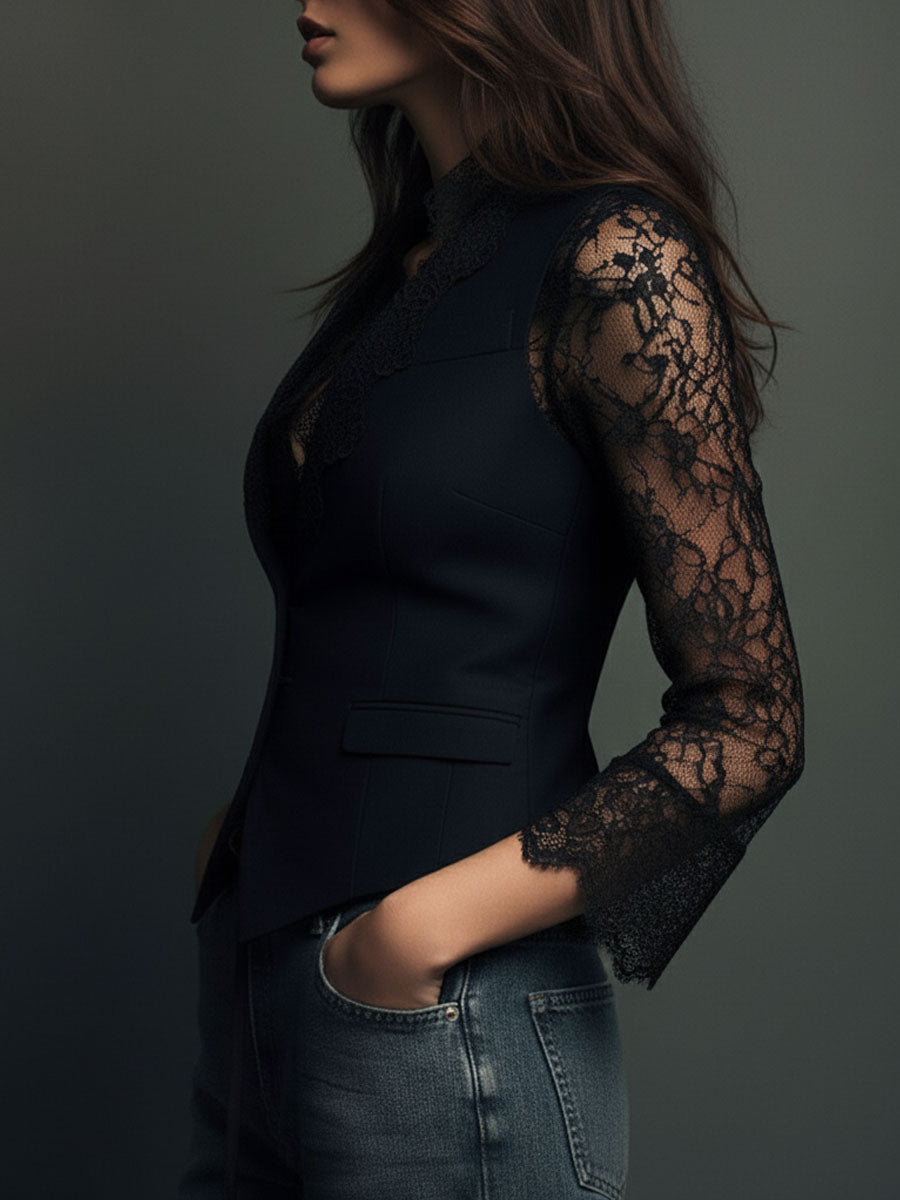 Naoline | Haut Blazer Noir à Manches Semi-Transparentes