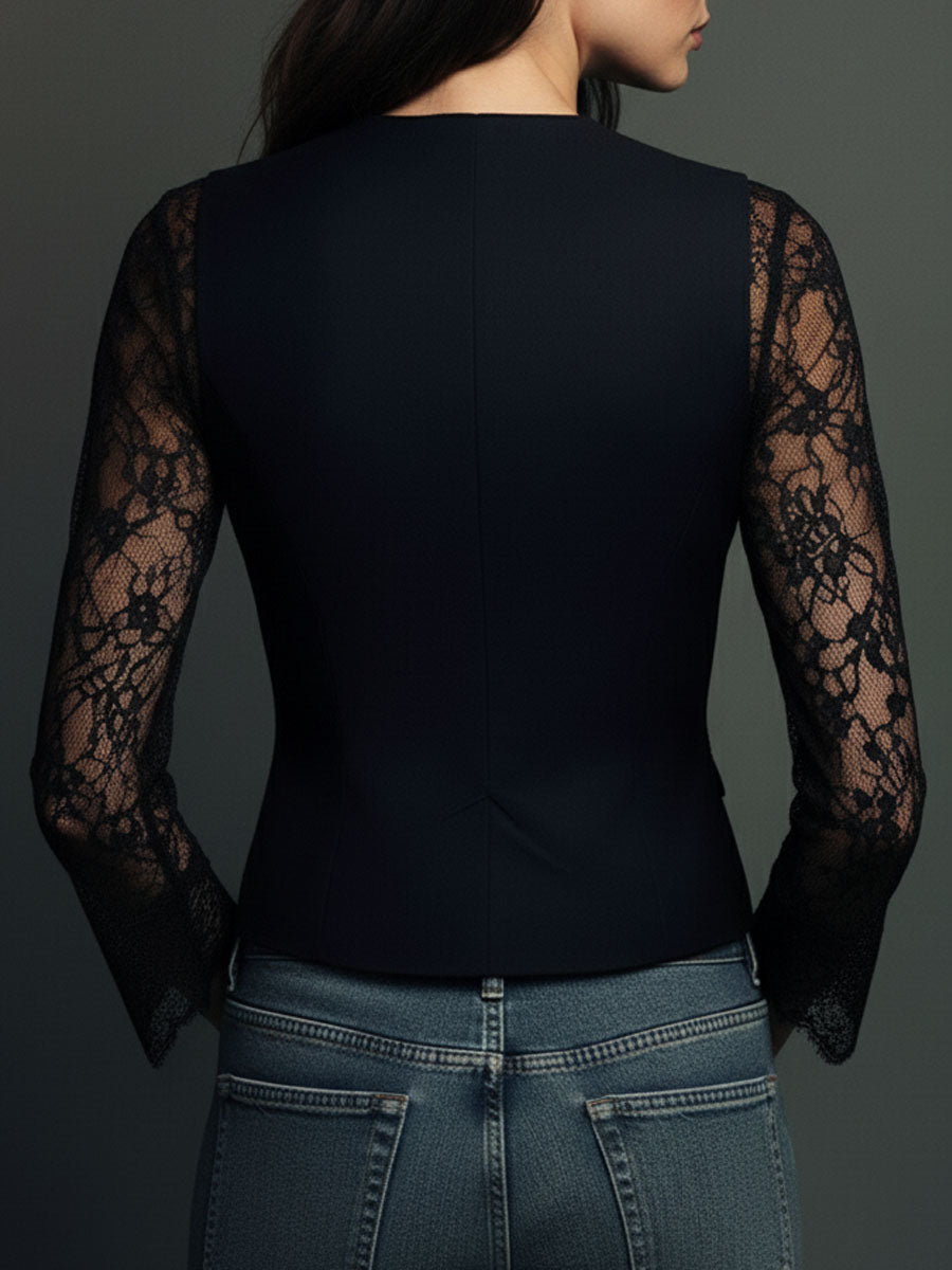 Naoline | Haut Blazer Noir à Manches Semi-Transparentes