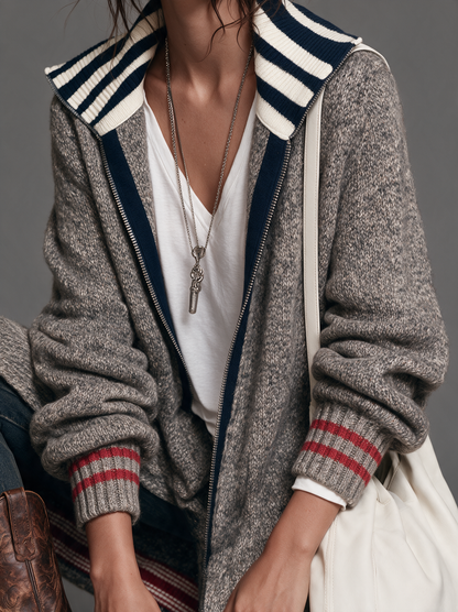 Cardigan Zippé Mi-Long Vintage à Rayures et Blocs de Couleurs – Bleu Marine