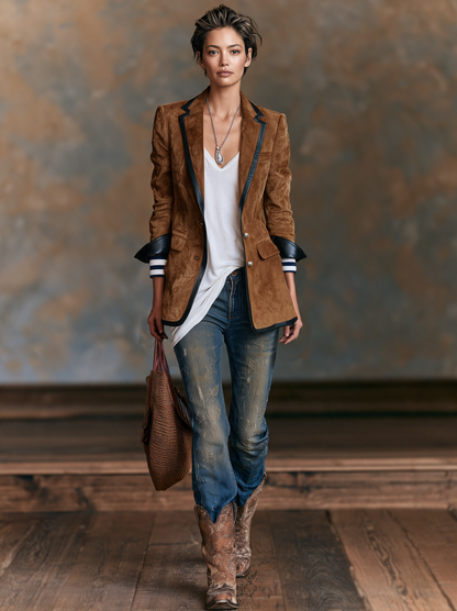 Blazer d'Inspiration Vintage en Suédine à Bordures en Similicuir Rouge – Vert Armée