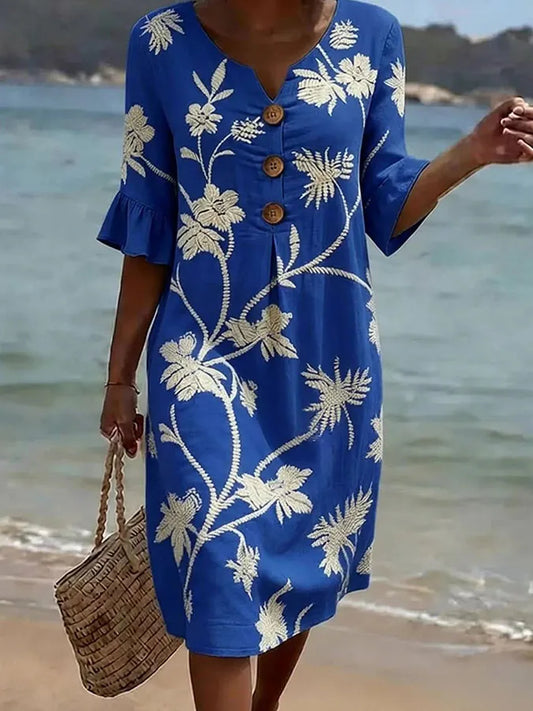 Robe Fleurie Boutonnée – Bleu – Zenith Moda