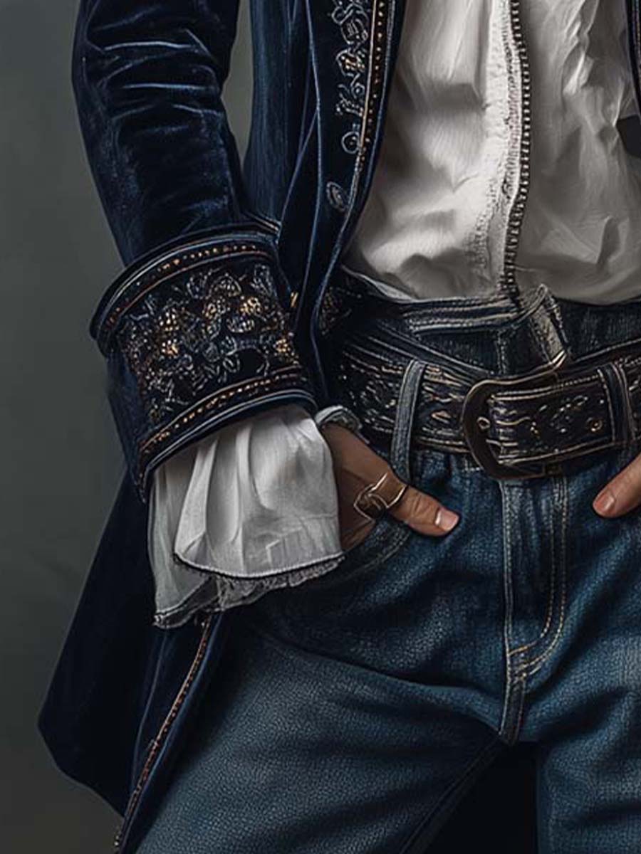 Athalie | Veste Longue Brodée Bleu Marine Vintage