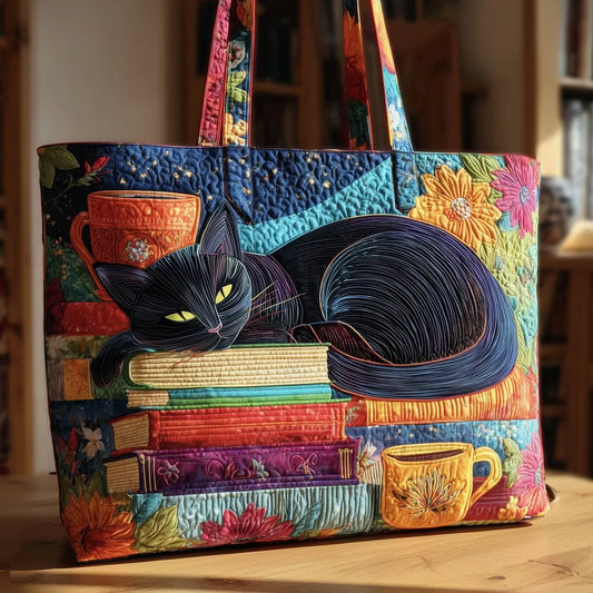 Sac Tote Matelassé – Chat Noir, Livres et Tasses à Thé