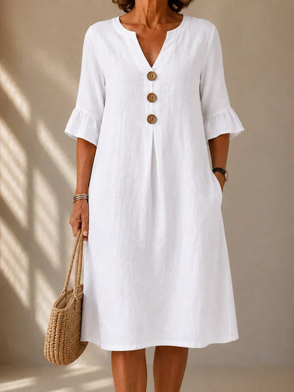 Lina | Robe Midi Évasée en Coton & Lin avec Poches