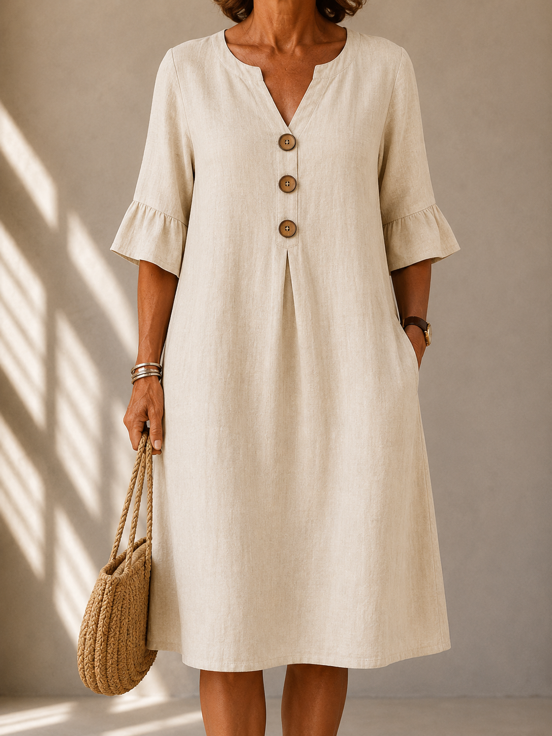Lina | Robe Midi Évasée en Coton & Lin avec Poches