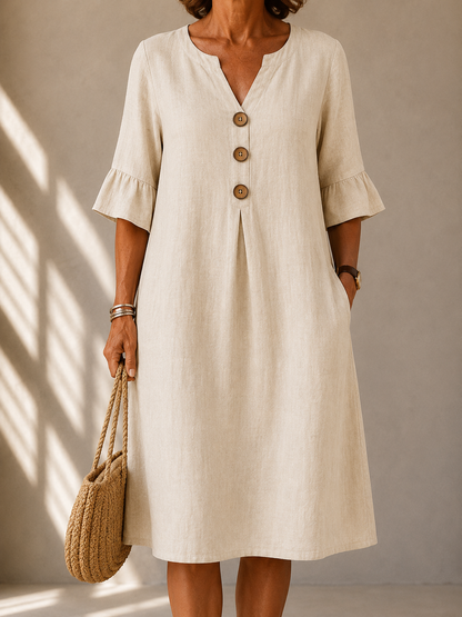 Lina | Robe Midi Évasée en Coton & Lin avec Poches