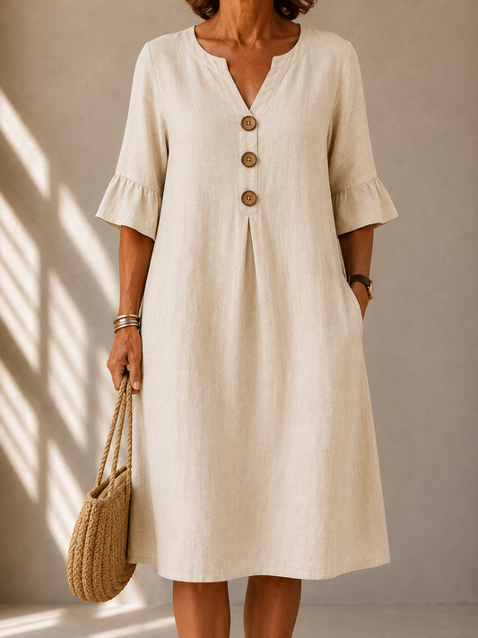 Lina | Robe Midi Évasée en Coton & Lin avec Poches