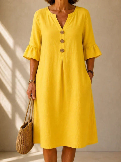 Lina | Robe Midi Évasée en Coton & Lin avec Poches