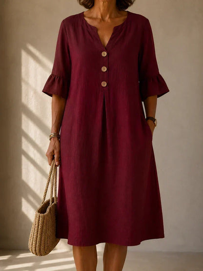 Lina | Robe Midi Évasée en Coton & Lin avec Poches