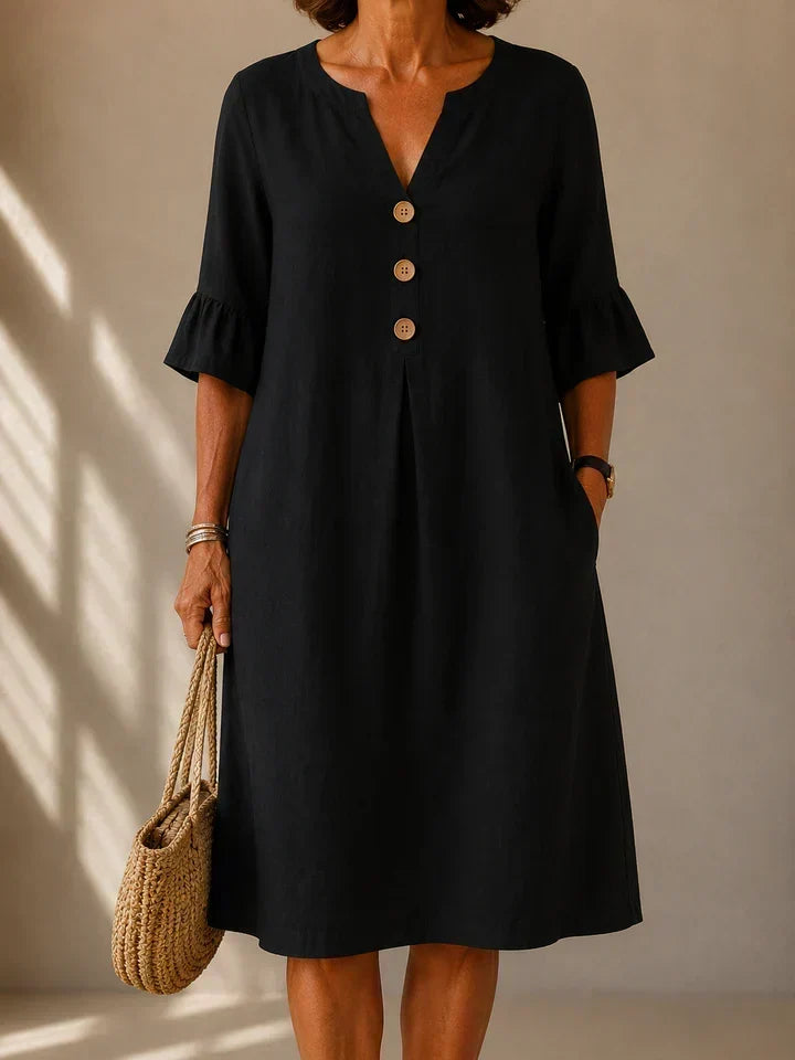 Lina | Robe Midi Évasée en Coton & Lin avec Poches