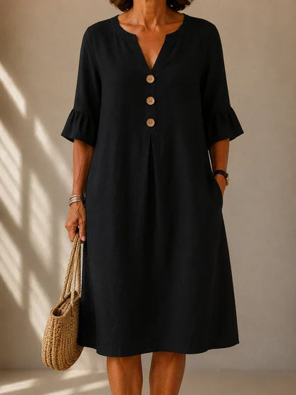 Lina | Robe Midi Évasée en Coton & Lin avec Poches
