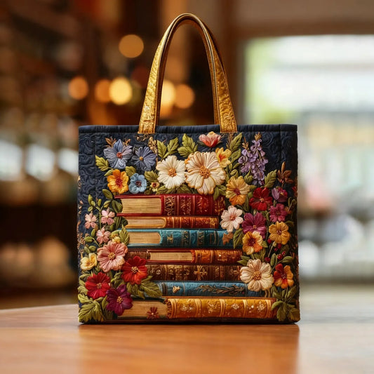 Sac Tote Matelassé – Imprimé Floral et Livres