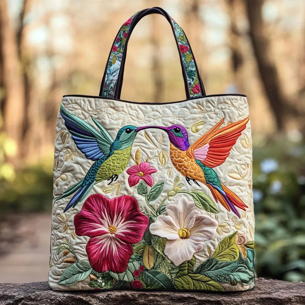 Sac Tote Matelassé – Colibri et Fleurs Blanches