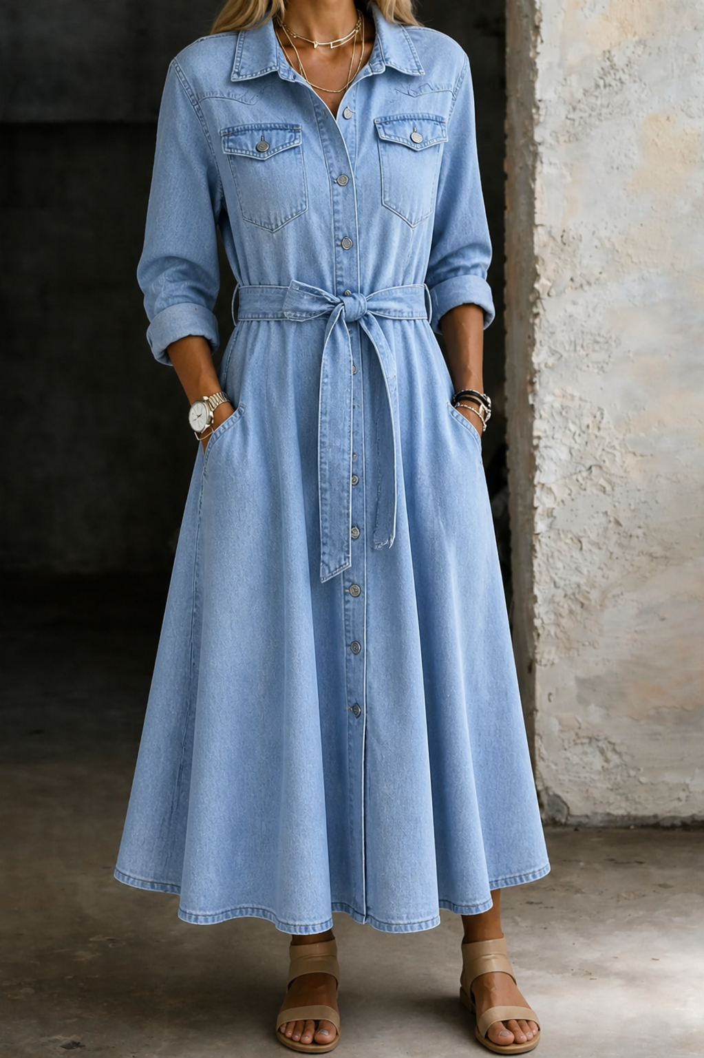 Robe Claire en Jean à Manches Longues