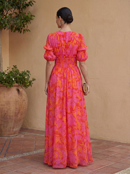 Olivia | Robe Longue Fleurie à Manches Ballon et Décolleté en V