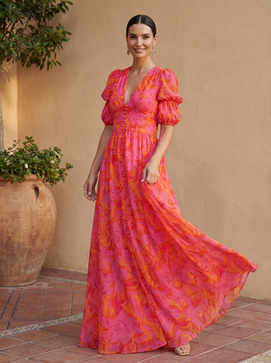Olivia | Robe Longue Fleurie à Manches Ballon et Décolleté en V