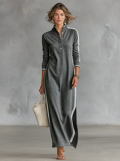Robe Longue Sweat Minimaliste à Col Boutonné et Liserés Blancs – Kaki