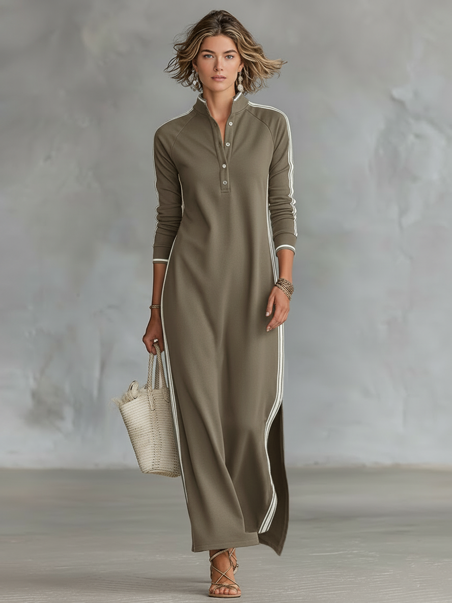 Robe Longue Sweat Minimaliste à Col Boutonné et Liserés Blancs – Noir