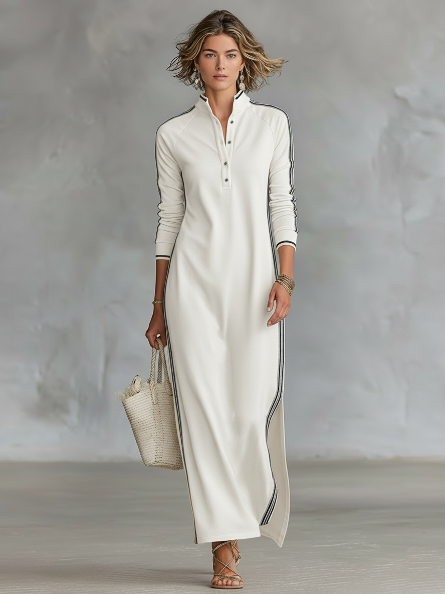 Robe Longue Sweat Minimaliste à Col Boutonné et Liserés Blancs – Noir