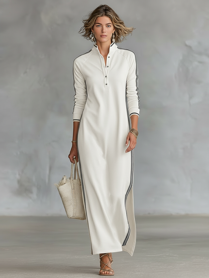 Robe Longue Sweat Minimaliste à Col Boutonné et Liserés Blancs – Noir