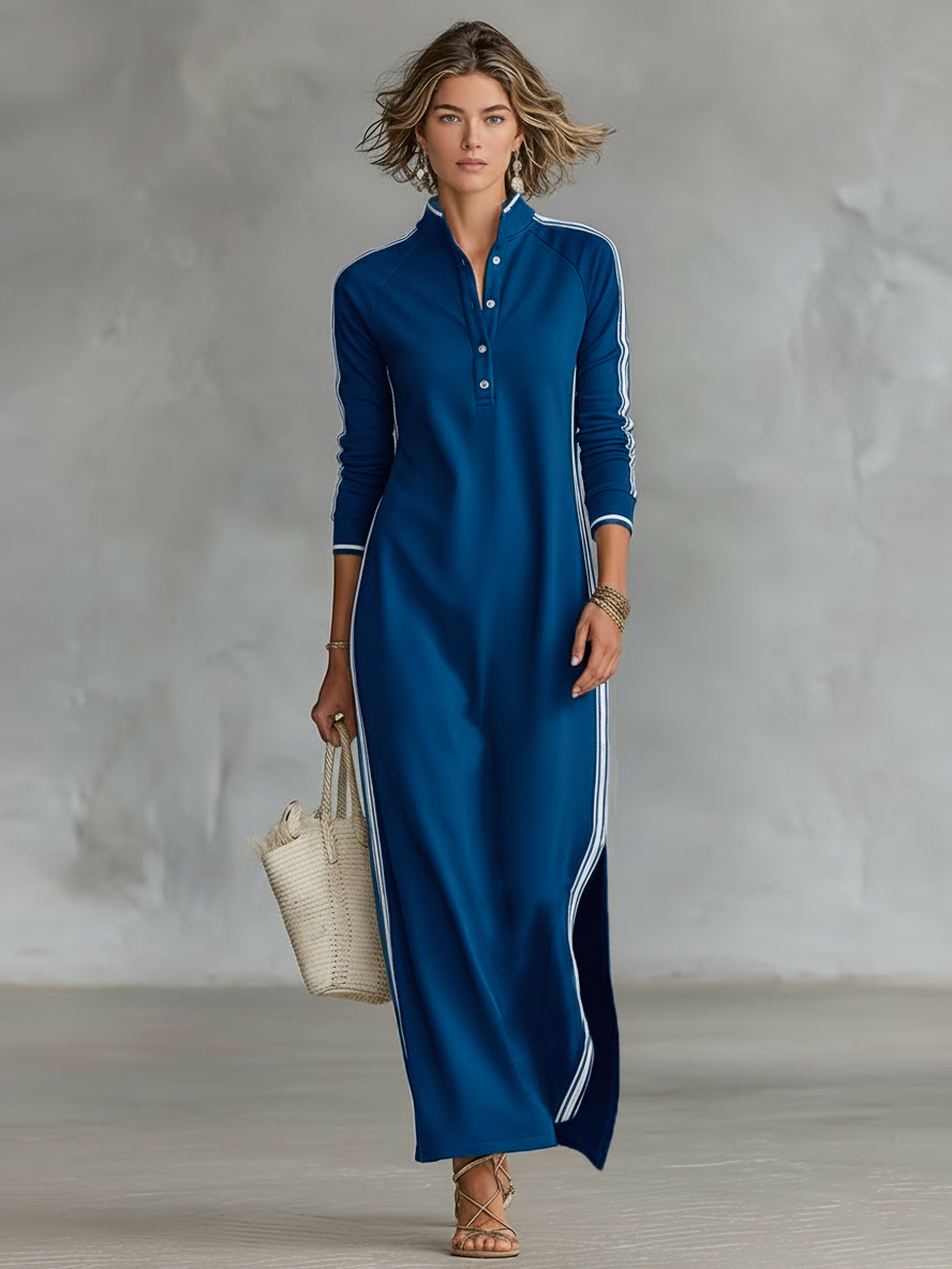 Robe Longue Sweat Minimaliste à Col Boutonné et Liserés Blancs – Kaki