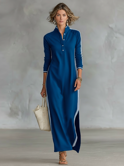 Robe Longue Sweat Minimaliste à Col Boutonné et Liserés Blancs – Kaki