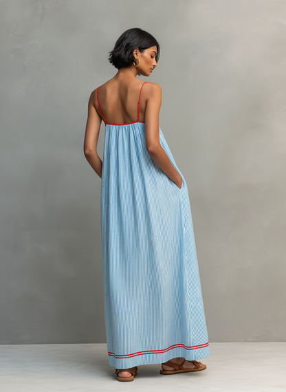 Aurore – robe longue rayée bleue